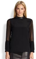 Thumbnail for your product : Tibi Leather-Trim Silk Blouse