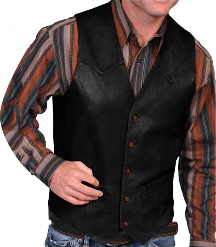 HULKAY Men's Faux Leather Suit Vest Casual Slim Fit Western Style Vest