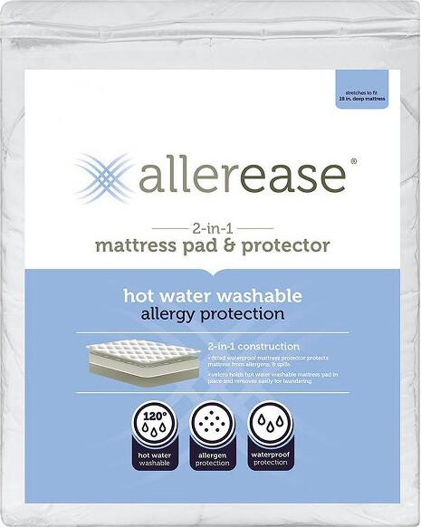 AllerEase AllerEase2-in-1WaterproofAllergyProtectionMattressPad-White(Queen):Hypoallergenic,Fits18"Depth