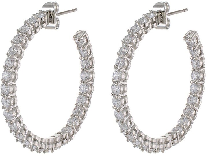 Sterling Silver CZ 50 Stones In and Out Round Hoop Earrings 15x15mm 