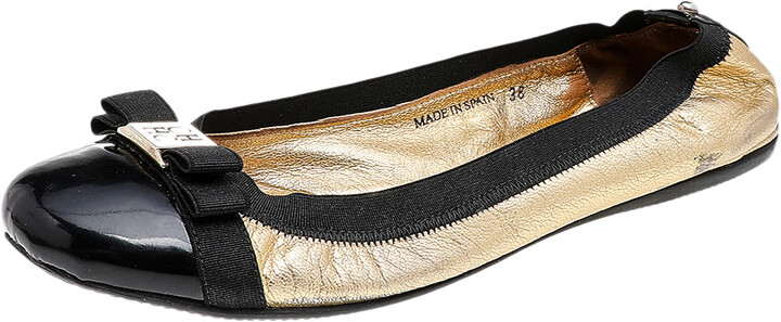 CH Carolina Herrera Gold/Black Leather Bow Ballet Flats Size 38 - ShopStyle