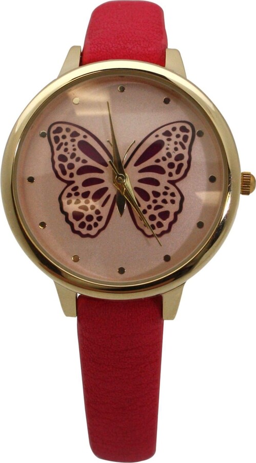Olivia Pratt Olivia PrattHot Pink Thin Faux Leather Butterfly Face Women Watch