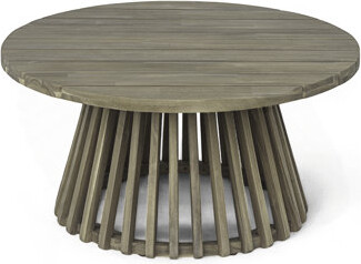 Ebern Designs Outdoor Acacia Wood Patio Coffee Table Round Coffee Table For Backyard Lawn BalconyGrey Finish