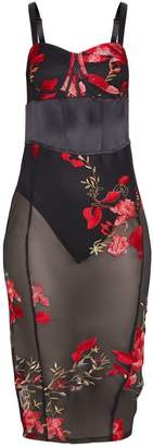 PrettyLittleThing Black Rose Embroidered Sheer Skirt Midi Dress