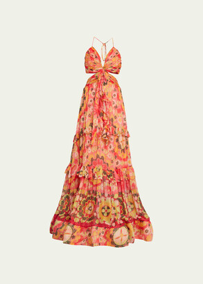 Alexis Freya Floral Silk Tie-Back Cutout Halter Maxi Dress