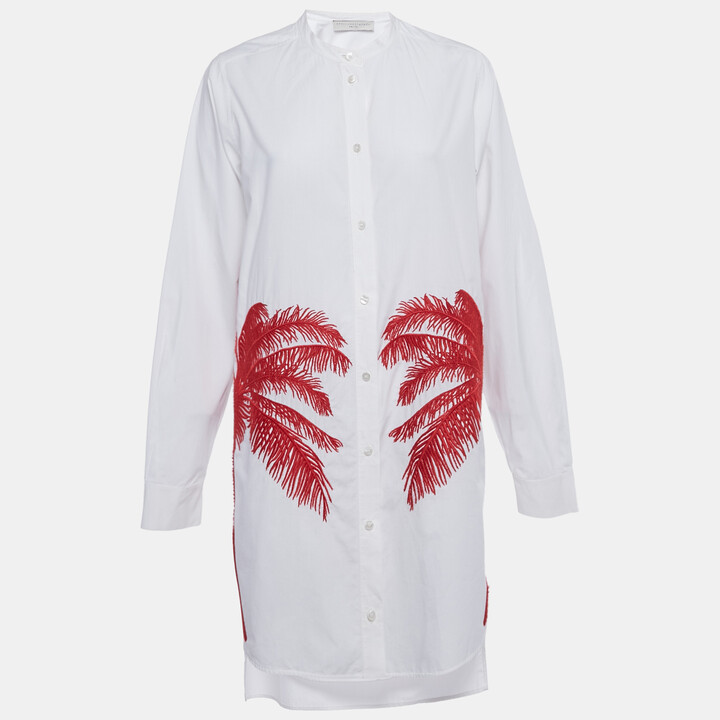 Stella Mccartney White Erica Palm Tree Embroidery Cotton Long Shirt Dress M