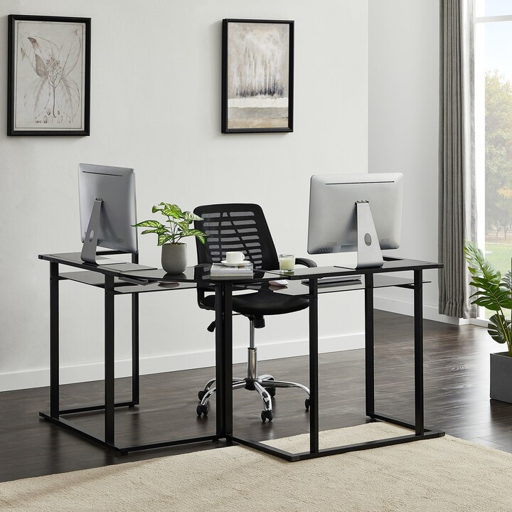 LShaped Glass Desk, 56’’ Home Office Computer Desk with Shelf, Round
