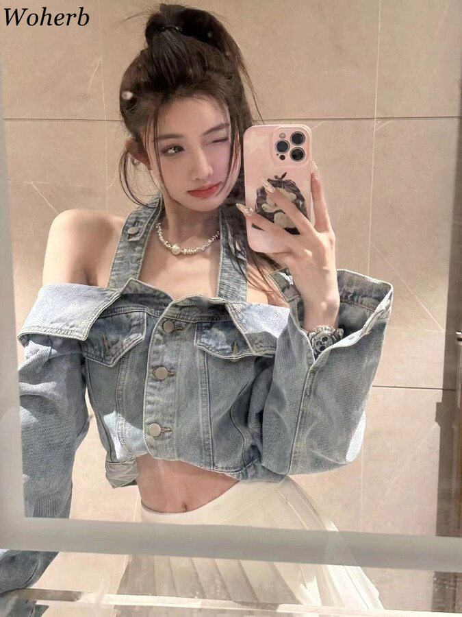 Woherb Halter Y2k Crop Jackets for Women Vintage Long Sleeve Slash Neck Denim Coat Top 2025 Ropa Mujer All Match Fashion Casual Outwear