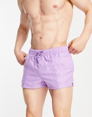 ASOS DESIGN swim shorts in purple super short length with pin tuck
