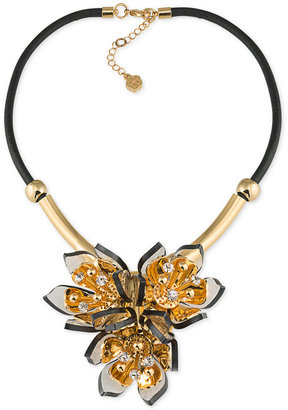 Trina Turk Gold-Tone Black Leather Multi-Crystal and Stone Flower Statement Necklace
