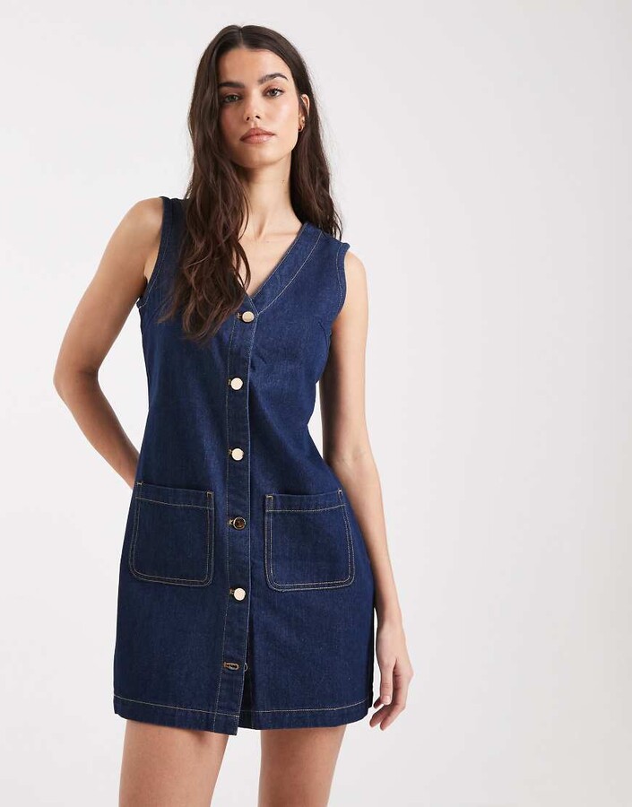 Threadbare button front pinafore denim mini dress in blue