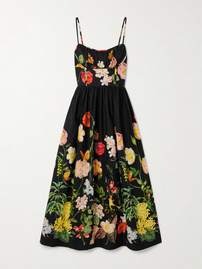 Cara Cara Alba Floral-print Gathered Smocked Cotton-poplin Midi Dress - Black