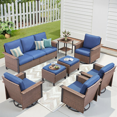 8-Piece Outdoor Furniture Set, 3-Seater All-Weather PE Wicker Sofa, 4 Rattan Swivel Rocker Chairs With 5" Wide Flat Armrests, 2 Versatile Ottomans & A