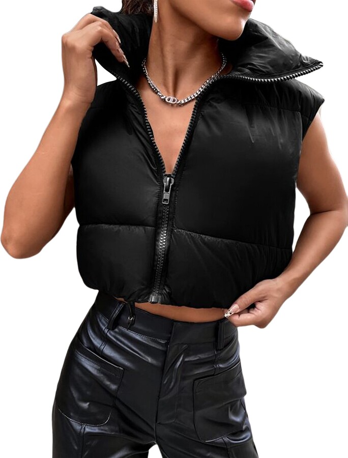 Yidarer Women's Full Zip Up Warm Crop Vest Sleeveless Puffer Vest  Lightweight Padded Gilet(Black-L) - ShopStyle