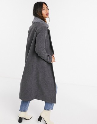Helene Berman long length faux fur trim wool blend coat in gray