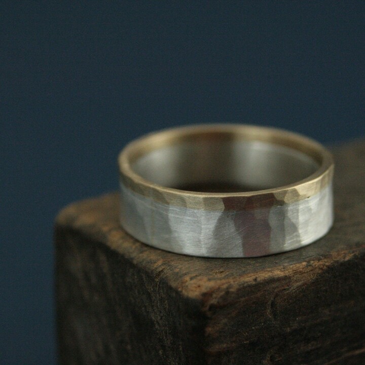 Etsy Two Tone Wedding Band Rustic 6.5mm Wide Gold & Silver Ring Hammered Men's