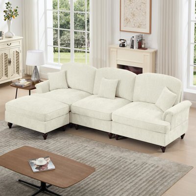 Bacchus Outfit Three Seater Modular L Shaped Sectional And Removable Ruffles Pleats Skirts And Spindle Legs, Comfy Chenille 3-seat Deep Seat Sofa With Movable Ottom