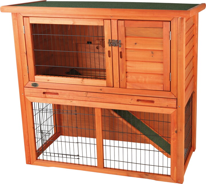 TRIXIE Weatherproof Outdoor 2-Story Medium Wooden Small Animal Hutch Run & Pull-Out Tray, Brown