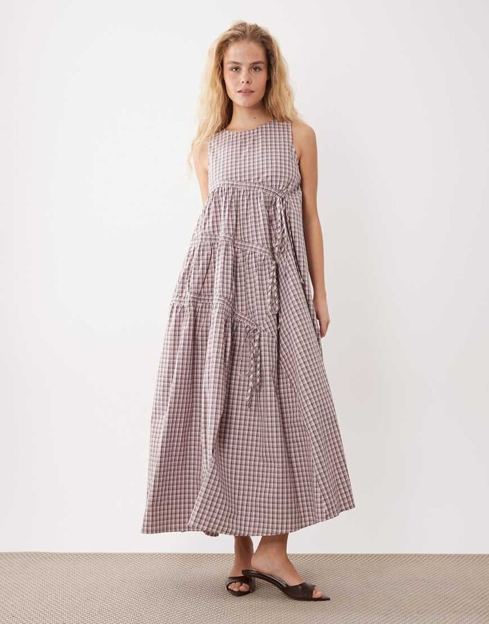 GHOSPELL sleeveless ruched midi dress in pink gingham