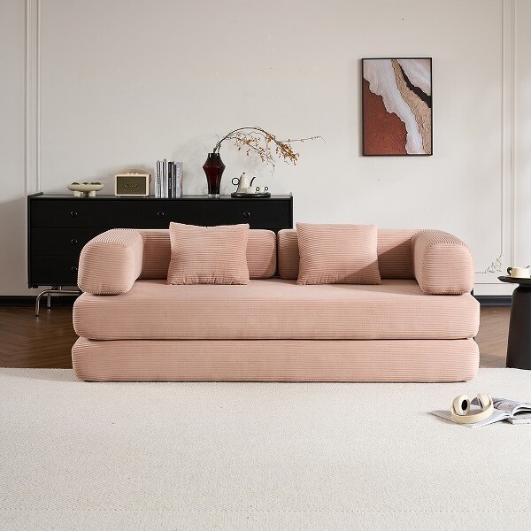 RacxilyConvertibleSleeperSofaBedwithPillowCorduroyFoldingMattressCouchFloorSofaLoungeCouchforLivingRoomBedroom(Pink)