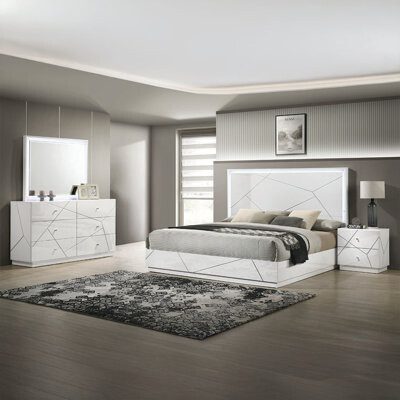 4-Piece Bedroom Set – Modern Design with Lacquer Finish, Geometric Accents, and LED Lighting