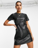 Thumbnail for your product : NA-KD faux leather pleated waist mini dress in black
