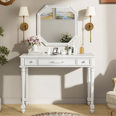 Retro Makeup Desk With Large Mirror, 3-Drawer Dressing Table For Jewelry Storage, Elegant Console Table For Bedroom, Living Room, Hallway Foyer, White