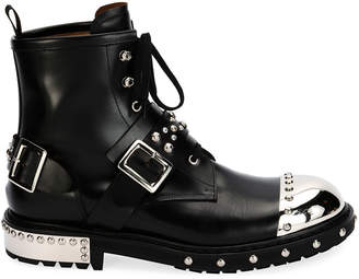 Alexander McQueen Studded Cap-Toe Leather Lace-Up Boot, Black