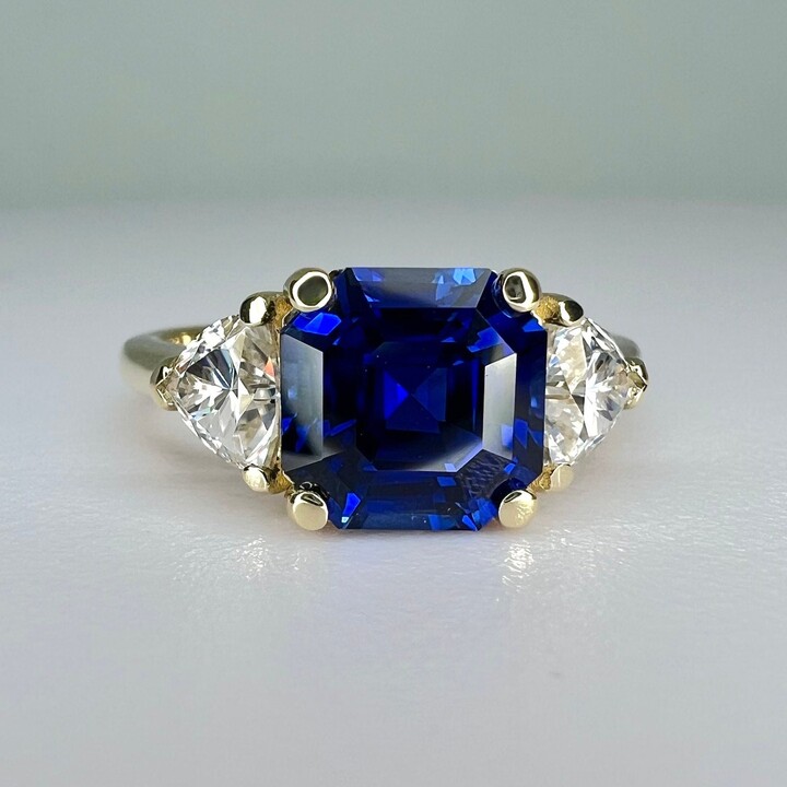 Etsy Asscher Cut Blue Sapphire Engagement Ring Ring With Trillion Accents Moissanite 14K White Gold #6815