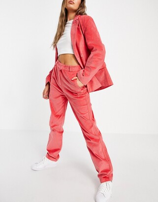 adidas 'Comfy Cords' corduroy high waisted wide leg suit trousers in pink