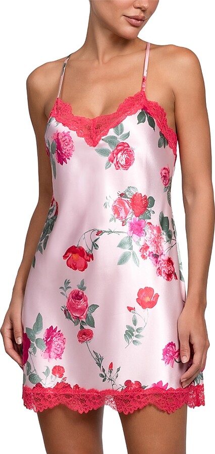 Jonquil Stretch Satin Rose Print Lace Chemise