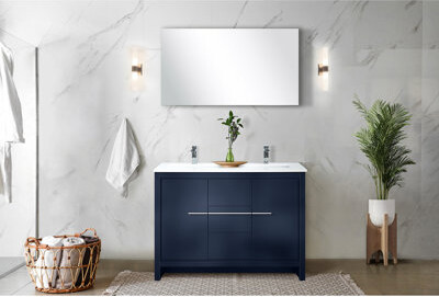 Navy Blue Double Bath Vanity 48 In. W X 20 D With White Quartz Top And Faucet - Soft Close Cabinets Drawers For Ample Storage Space & A Modern Bathroo
