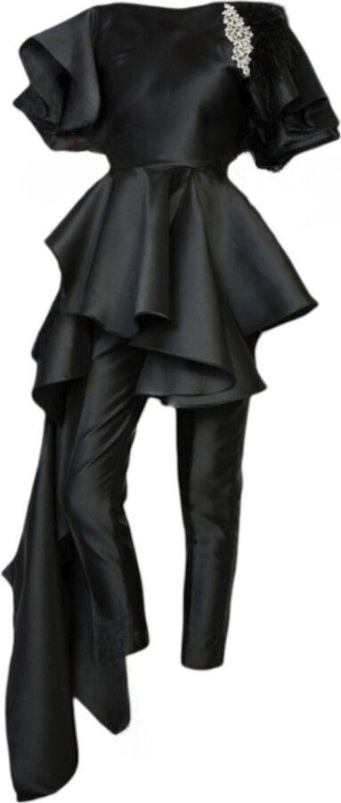 Lia Aram Black Crystal Brooch And Ruffle-Trimmed Two-Piece With Vegan Feather Details
