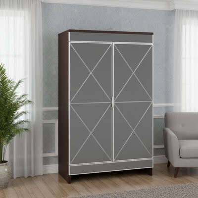 Rebrilliant Double-Door Storage Mirror Cabinet With Frosted And Silver Trim, Entryway Shoe Cabinet With Three Shelves, Brown Finish