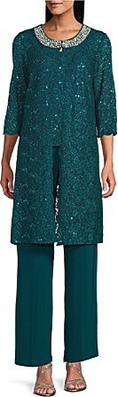 R & M Richards R M Richards 34 Sleeve Sequin And Pearl Embellished Crew Neck Lace 3-Piece Pant Set