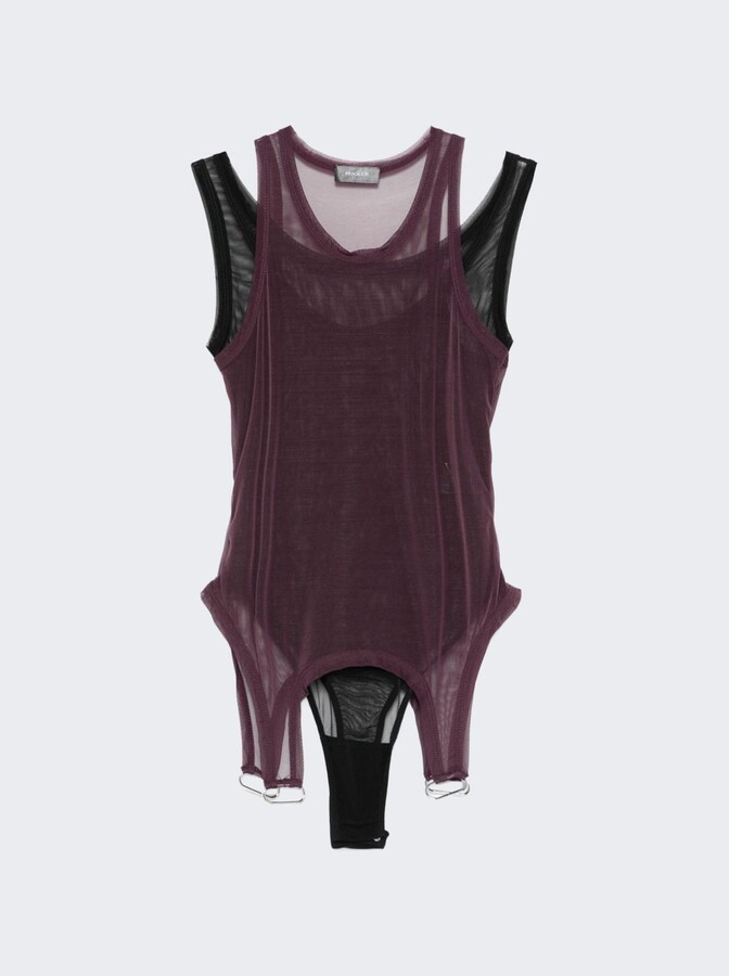 Thierry Mugler Layered Top In Mesh Plum And Black