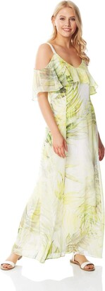 Roman Originals Cold Shoulder Chiffon Floral Leaf Maxi Dress for Women UK - Ladies Loose Boho Bohemian Oriental Summer Evening Occasion Wedding Guests Outfits Long Dresses - Yellow - Size 10
