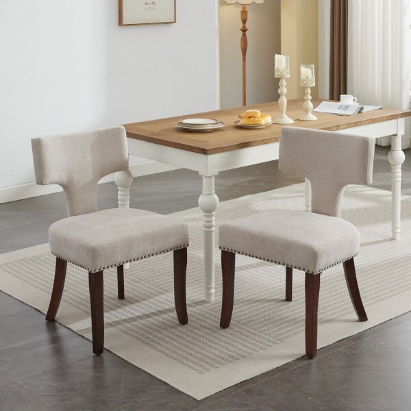 GDFStudioHuldaLinenUpholsteredDiningChairwithCurvedBackandCopperNails(Setof2)Beige