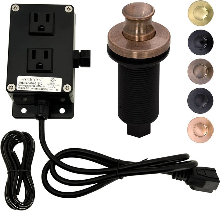 Akicon Garbage Disposal Air Switch Kit, Dual Outlet, Solid Brass Button, Antique Copper Long Button Air Switch - AK79002B
