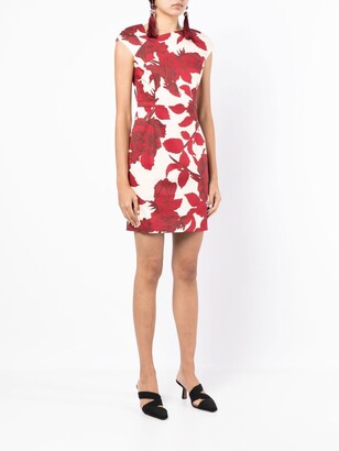 Shanghai Tang Rose-Print Asymmetric-Neckline Dress