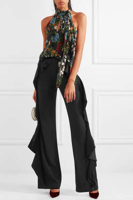 Alice + Olivia Wallace Satin Ruffled-trimmed Crepe Wide-leg Pants