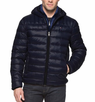 tommy hilfiger men's insulated packable jacket contrast bib hood