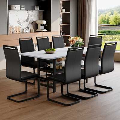 Latitude Run Table And Chair Set.71 Inch Long Fashionable Grain Dining Table, A Practical Choice To Add Color To The Home.Paired With 8 Black PU Chairs With C-Tube