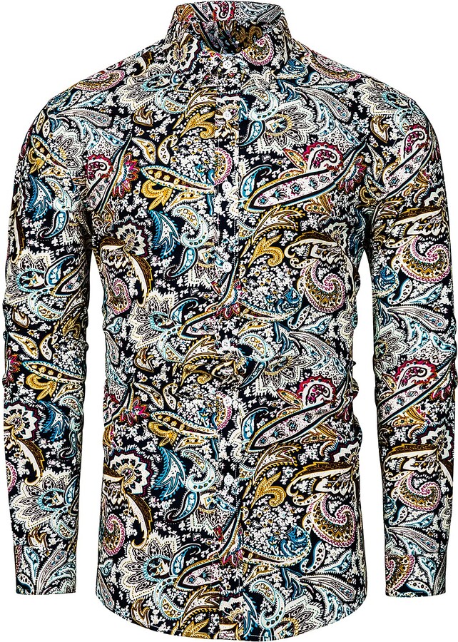 fohemr Mens Paisley Shirt Long Sleeve Floral Print Casual Retro Button Down Shirt