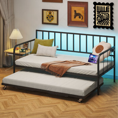 17 Stories Daybed With Trundle Metal Trundle Bed Sofa Bed Frame With Heavy Duty Metal Slats Sppports Space Saving For Living Room Bedroom And Guest Room