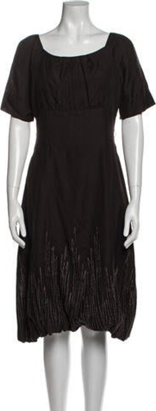 Rene Lezard A-Line Dress Brown Embroidered Accent Short Sleeve with Scoop Neck Concealed Zip Closure at Back