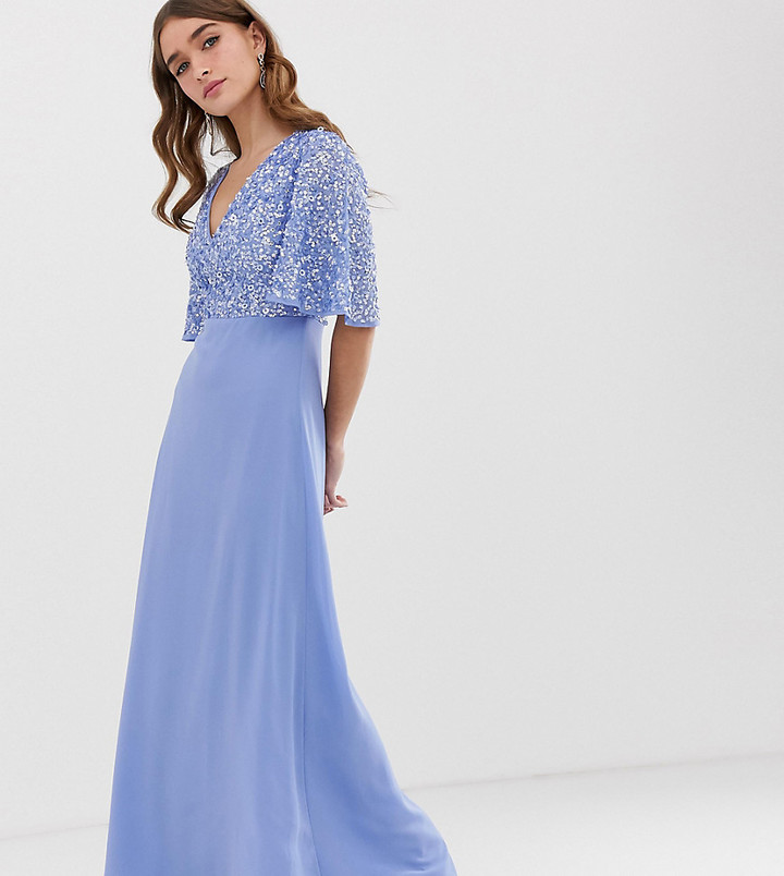 maya delicate sequin bodice maxi dress with cross back bow detail in bluebell