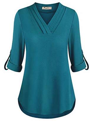 Moyabo Blouses for Women V Neck Cuffed Sleeve Tops for Women to Wear with Leggings Curved Hemline