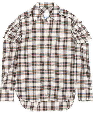 Sjyp Cutout Ruffled Plaid Flannel Shirt - Ivory