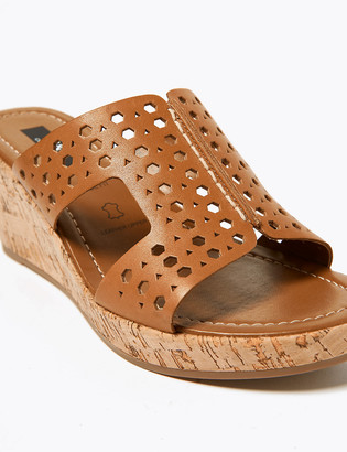 Marks and Spencer Wide Fit Leather Perforated Wedge Mules